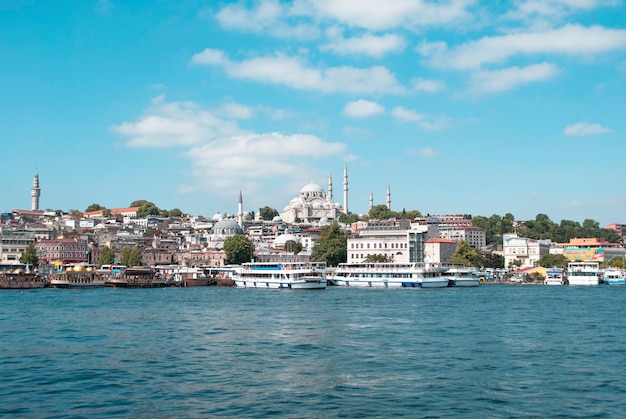 A view of cityscape of Istanbul the Bosphorus and Suleymaniye Mosque from a bridge