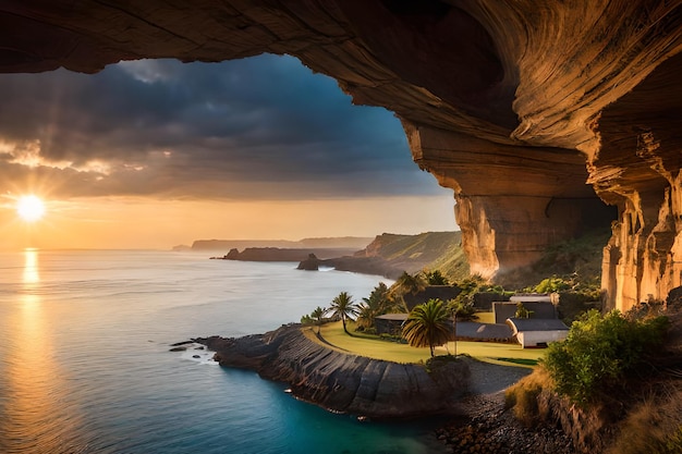 A view of a cliff and a house in the ocean