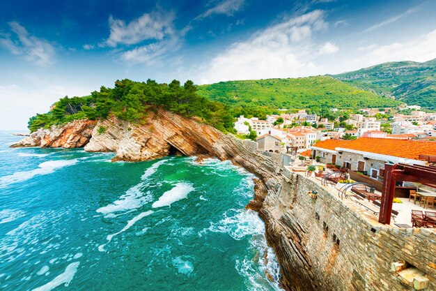 View of the cliffs from Castello fortress in Petrovac, Montenegro. Famous travel destination