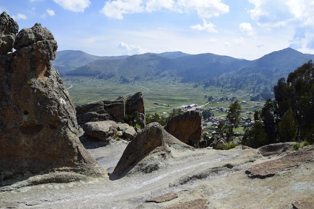 View of the cliffs and Lake Titicaca Copacabana Bolivia