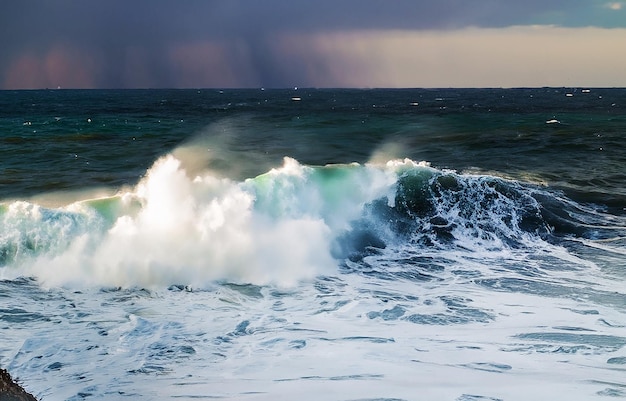 View of close up power of nature in motion as magnificent waves of the stormy ocean surge and crash