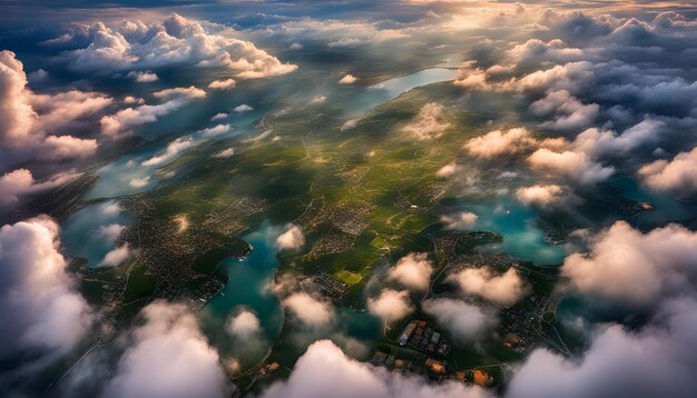 Photo a view of clouds from an airplane with a river in the background