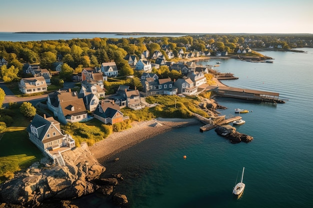 A view of a coastal village with a boat in the water.