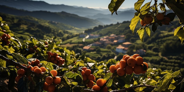 View of a Coffee plantation of Colombia or Brazil with coffee plants in the foreground Close up view Coffee fruit