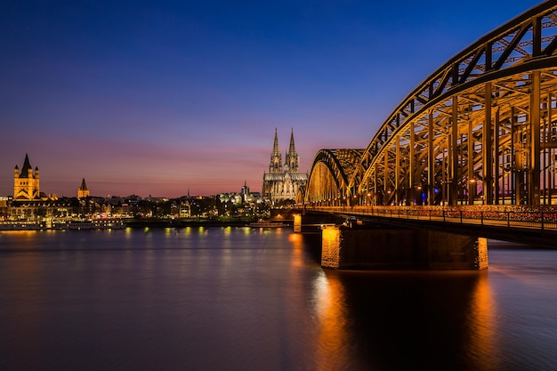 A view of cologne city with cathedral and Hohenzollern at sunset on the rhine river in germany. Taken outside with a 5D mark III.