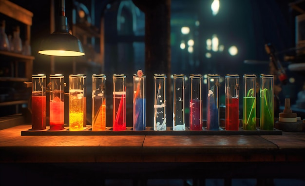 A view of colored liter test tubes on a table