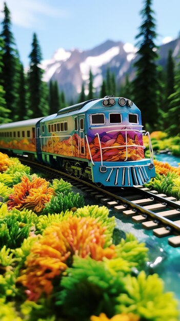 View of colorful 3d train model with nature scenery