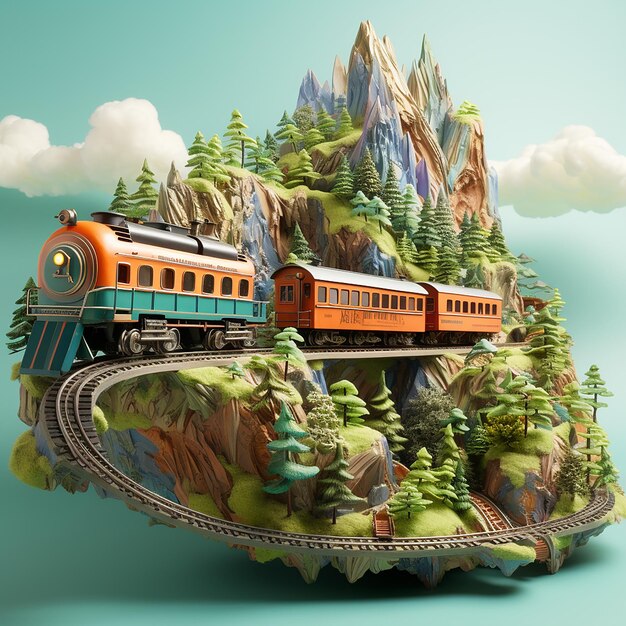 Photo view of colorful 3d train model with nature scenery