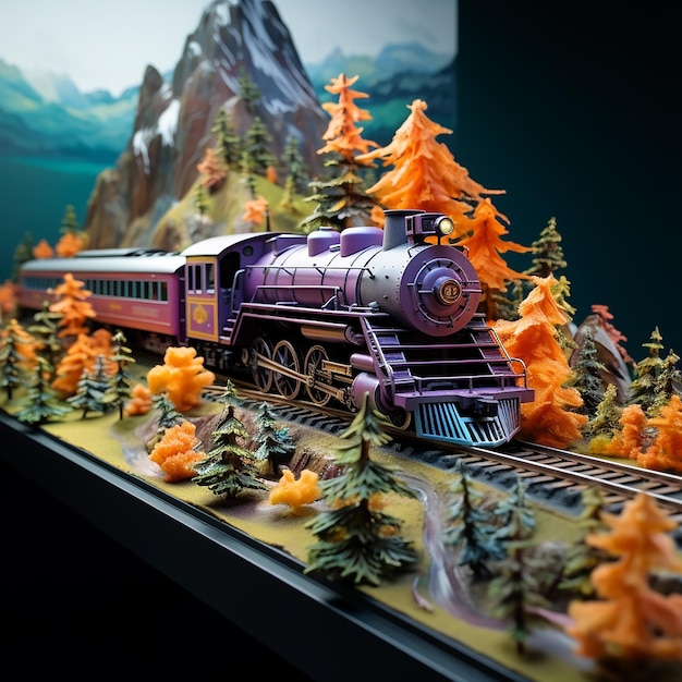 Photo view of colorful 3d train model with nature scenery