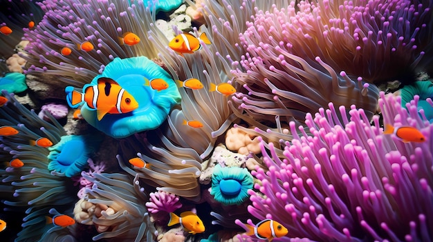 A view of colorful anemones hosting clownfish