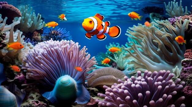 A view of colorful anemones hosting clownfish