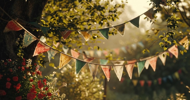 a view of colorful bunting hung from a tree