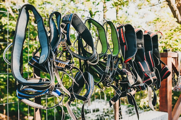 Photo view of colorful safety harness hanging on metal fence in summer park for secure training