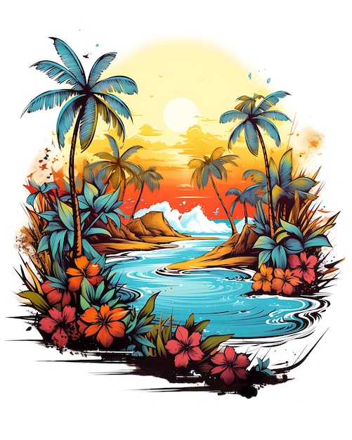 A view of colorful vintage retro beach illustration design