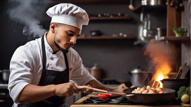 Вид повара, готовящего вкусную еду