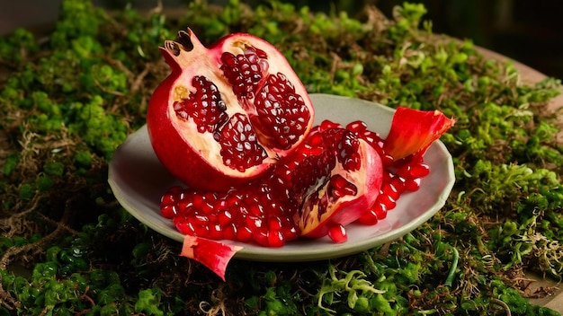 View copy space chopped half pomegranate with peeled on a green table