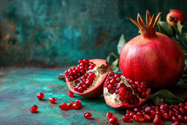View copy space chopped half pomegranate with peeled on a green table