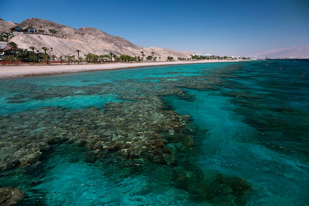 View to the coral reef and the beach in the Gulf of Eilat, Israel, Red Sea