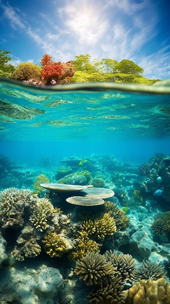 a view of a coral reef with a small island in the distance generative ai