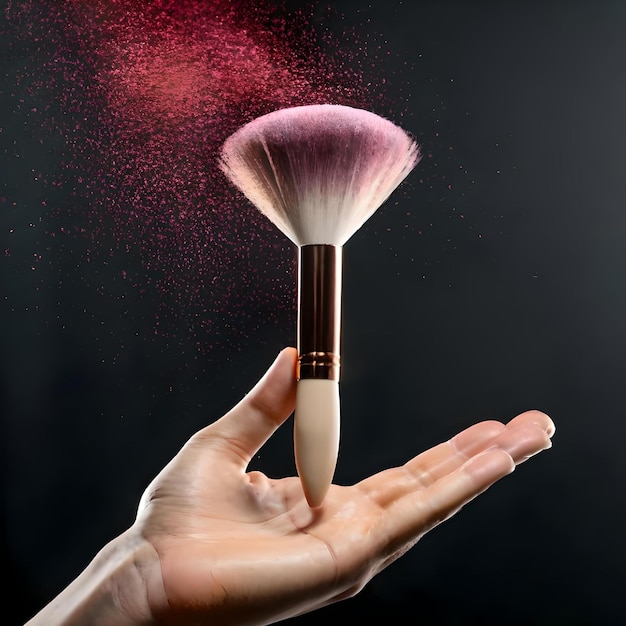 Photo view of cosmetics brush releasing a cloud of sparkling face powder splashes on dark surface