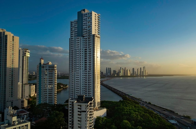 View of Costa Del Este residential area and Corredor Highway at sunrise Panama Central America