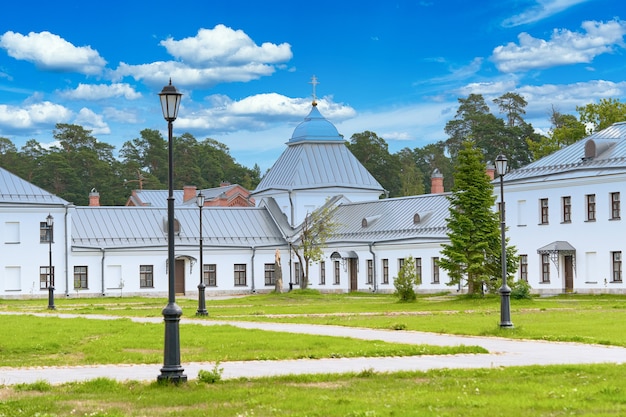 View of the courtyard of the Konevsky Monastery. Male monostyry on Konovets island in Russia