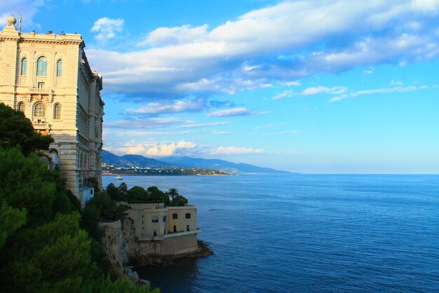 View of Cousteau Oceanographic Museum on cliff above sea MonacoVille Principality of Monaco