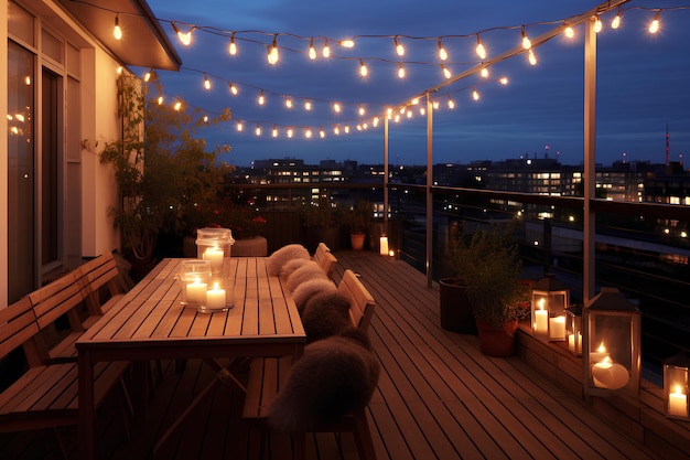 View Over Cozy Outdoor Terrace with Outdoor String Lights