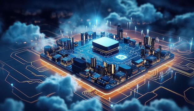 View of CPU processor chip with cloud and network connection on circuit mother board