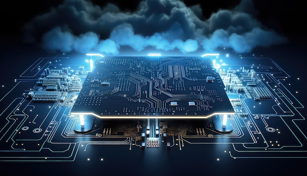 View of CPU processor chip with cloud and network connection on circuit mother board