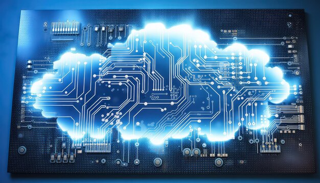 View of CPU processor chip with cloud and network connection on circuit mother board