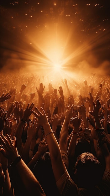 Вид толпы возбужденных людей, веселящихся перед сценой на музыкальном концерте