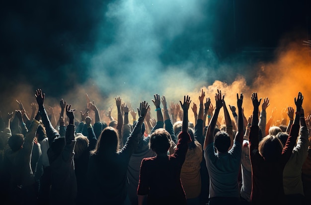 View of crowd of excited people having fun in front of stage on music concert