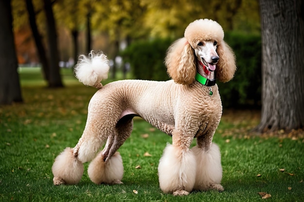 View of cute standard poodle having fun in the park