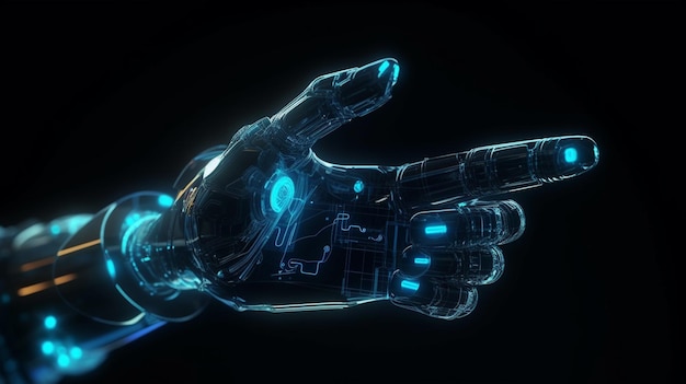 View of a Cyborg hand holding a futuristic technology interfacegenerativi ai