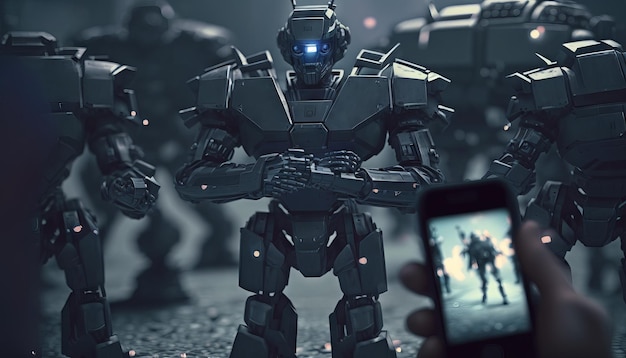 View of a Cyborg holding a smartphone in a futuristic environment Generative AI