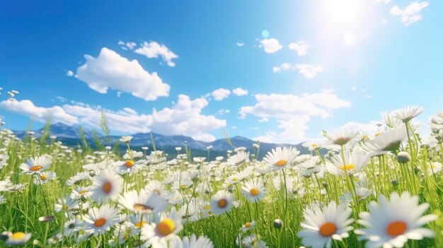 晴れた空を背景にしたデイジーの花の眺め