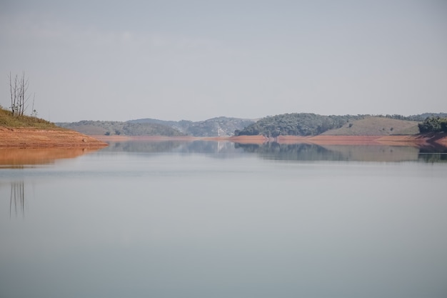 View of the dam in low water level water crisis