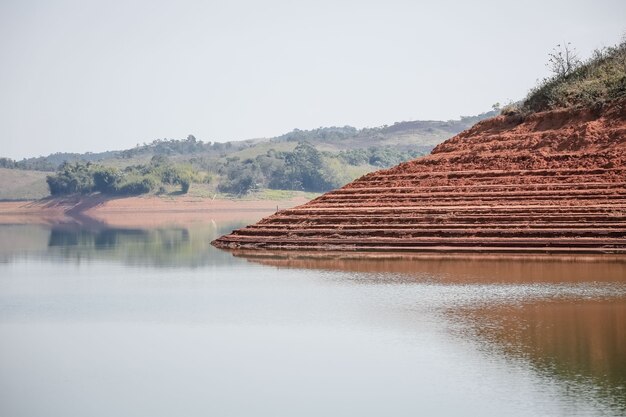 View of the dam in low water level water crisis