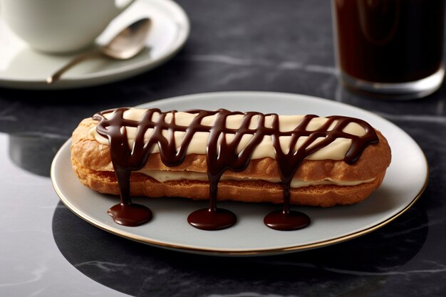 A view of a dark coffee flavoured eclair is served on an elegant ceramic plate