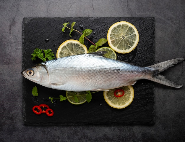 Above view decoration with seafood and lemons