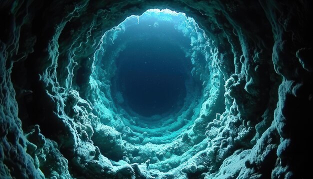 Photo view of a deep blue cave underwater