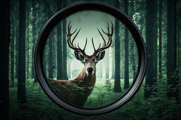 View of deer in the forest through the scope of a hunter Generative AI