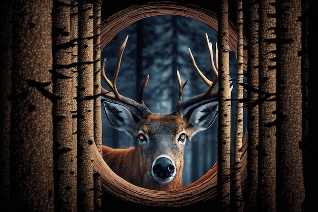 View of deer in the forest through the scope of a hunter Generative AI