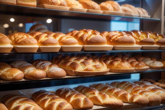 View of delicious baked bread in the pastry shop