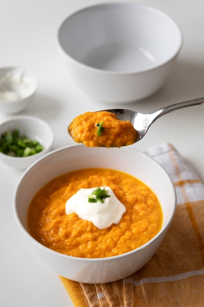 View of delicious carrot cream soup