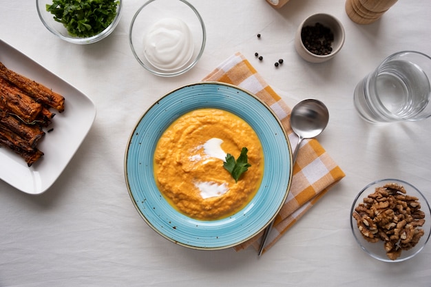 View of delicious carrot cream soup