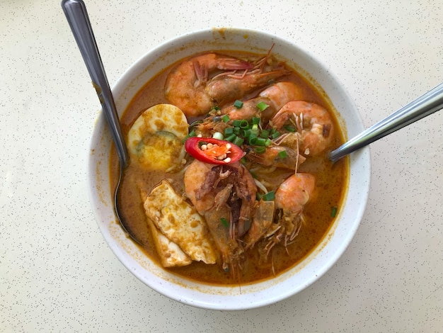 View of delicious Malaysian prawn noodle or popularly known as Mee Udang