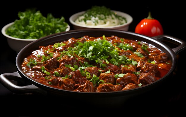 Photo a view of delicious meat and american mutton curry spicy on a plate