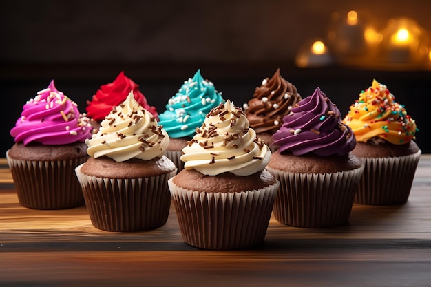 View of delicious and sweet cupcake desserts with frostin